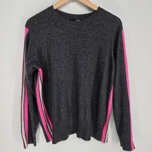 Aqua 100% Cashmere Medium Sweater Gray Pink Stripe Crewneck Pullover Soft Basic